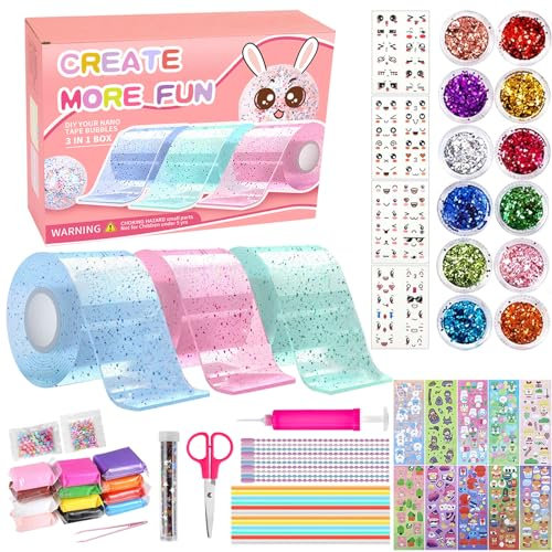POSAME Nano Tape Bubble Kit for Kids, 67Pcs Nano Tape Squishy Kit DIY Plastic Bubbles, Nano Double Sided Super Elastic Balloons, Nano Tape for Blowing, Fidget Toys and Party Favors for Boys and Girls