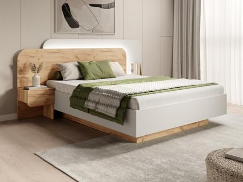 Vente-unique - Bett mit Nachttischen + Lattenrost - 160 x 200 cm - Mit LED-Beleuchtung - Holzfarben & WeiÃ Â ÂÂ Ã Â ÂÂ - DESADO