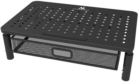 Maclean MC-947 Soporte Ergonómico para Monitor/Portátil con Cajón, Tamaño de Pantalla de 13 a 32 pulgadas, Altura Ajustable, Superficie Perforada