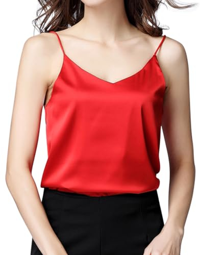 Minetom Damen Satin Tank Top Ärmellose Blusentop Basic Cami Shirt Camisole Sommer Weste V-Ausschnitt Oberteile Spitze Bluse Tops A Rot XXL