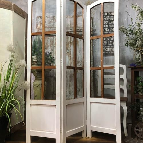Antyki24 Paravent Raumteiler Vintage Retro Dekorativ Mit Holzrahmen Und Glas Elementen Im Shabby Chic Landhausstil Weiß Braun Für Wohnzimmer Schlafzimmer Flur