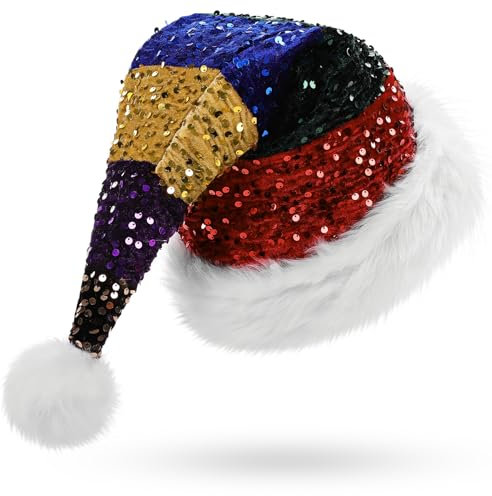 CITÉTOILE Weihnachtsmütze Nikolausmütze für Erwachsene, Pailletten Regenbogen Weihnachtshut, Dicke Plüschkrempe Weihnachtsmütze für Männer und Frauen
