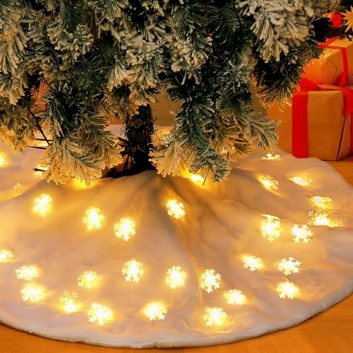 Lewtemi 36 Inch Lighted Christmas Tree Skirt Plush Faux Fur Tree Skirts Lighted Xmas Snow Tree Skirt Christmas Snow Blanket for Xmas Party Decoration Garden(Silvery White)