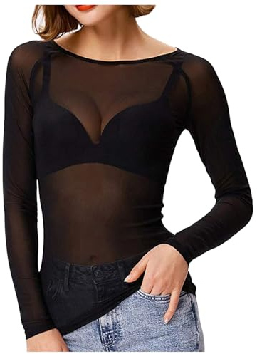 NaLatia T-Shirt Femme Mesh Blouse Sexy Transparente Tops Moulant à Manches Longues Clubwear Haut en Maille Soirée Elastique Chemise Tulle Tee Shirt Mode