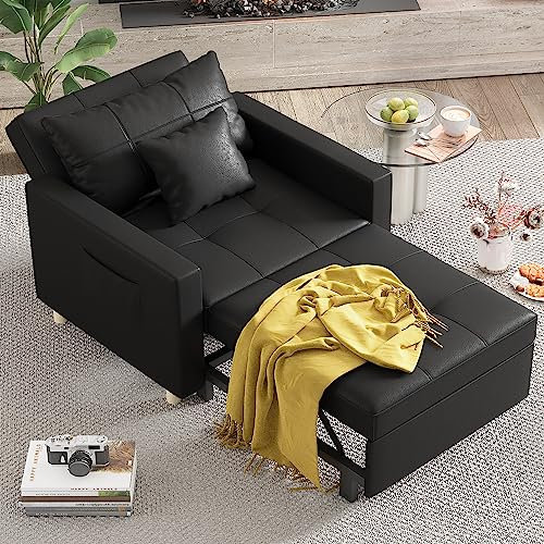 YODOLLA 3-in-1 Sleeper Chair Bed, Convertible Single Sofa for Small Room, Adjustable Armchair With Side Pocket, Black Leather