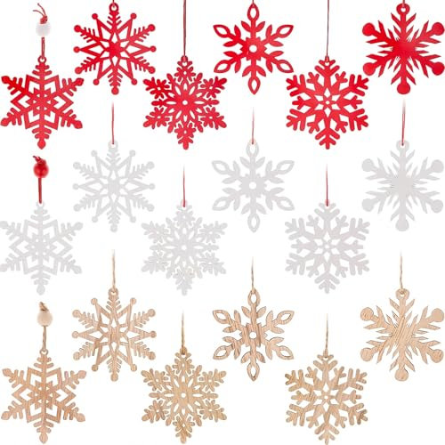 HBell 24pcs Christmas Wooden Snowflakes Set Hollowed Wood Snowflakes Xmas Wooden Ornaments with String Watercolor Pen,Suit for Kids DIY Crafts Christmas Hanging Decoration Xmas Gift