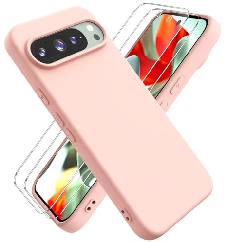 Ikziwreo Cover per Google Pixel 9/Google Pixel 9 Pro, 2 Proteggi Schermo in Vetro Temperato,Custodia in Silicone Morbido TPU Liquido,Case Protettiva Gomma Antiurto - Rosa