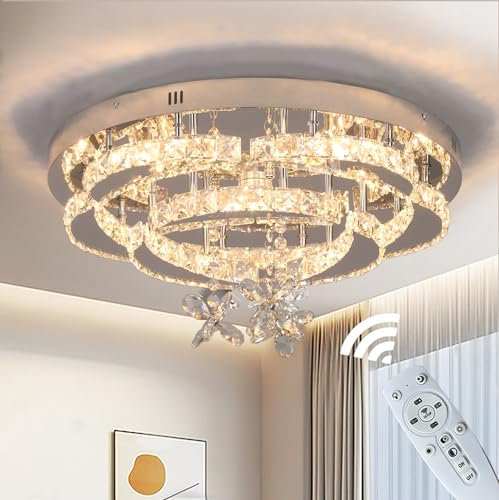 Vinilky Kronleuchter Kristall mit Fernbedienung, Dimmbare Kristallleuchter moderne bündige LED Beleuchtung Chrom Deckenleuchte für Wohnzimmer, Esszimmer, Schlafzimmer, Küche, Eingang, Flur