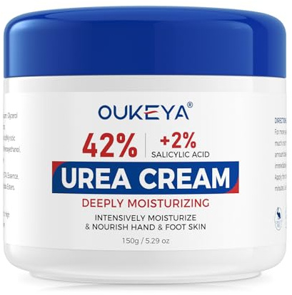 OUKEYA Crème d'Urée Nouvelle Formule, 42% Urée, Crème Pieds et Mains pour Talons Crevassés et Peau Sèche, Hydratante Réparatrice, Soin Anti-Callosités