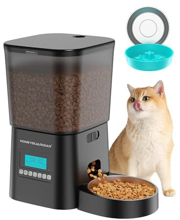 HoneyGuaridan Automatic Cat Feeder with Timer, 3.5L Dry Cat Food Dispenser, Timed Dog Feeder with Stainless Steel & Slow Feeder Bowl, Dual Power Supply with Desiccant, 1-6 Meals/day for Cats Dogs