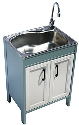 Mueble de lavandería con Grifo y Fregadero de Acero Inoxidable con 1 Compartimento de Almacenamiento Estación de Lavado de Manos para lavadero, Cocina, baño (tamaño: B)