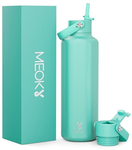 Men Metal Water Bottle for Sports: 710ml Stainless Steel Water Bottle with Straw and Flip Lid - Keeps 24 Hours Cold & 12 Hours Hot for Work - Commuters Gym Enthusiasts, Mint Green