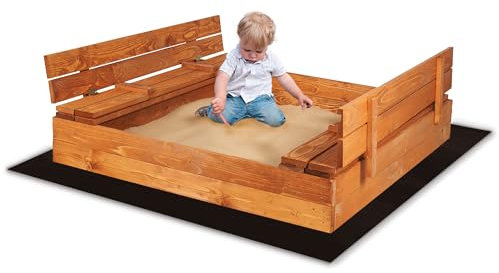 Holzsandkasten 120x120 cm mit Klappdeckel – Große Sandkiste mit Sitzbänken – Umweltfreundlich imprägniert, inkl. Geotextil – Sichere, wetterfeste Sandkiste für Kinder – SPRINGOS