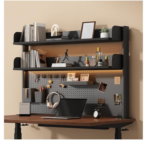 WOHNZA 35X23IN Clamp On Desk Shelf Organizer, Black Desktop Bookshelf Storage Shelves with Pegboard, Desk Extender for Office, Privacy Panel,Gaming Desk