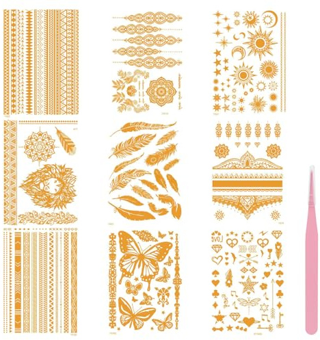 APOMOONS 9 Blatt Gold Damen Flash Temporäre Tattoos Metallic Festival Tattoos zum Aufkleben Klebetattoos Erwachsene Klebetattoos Glitzer Festival Accessoires Zubehör für Party mit Rosa Pinzette