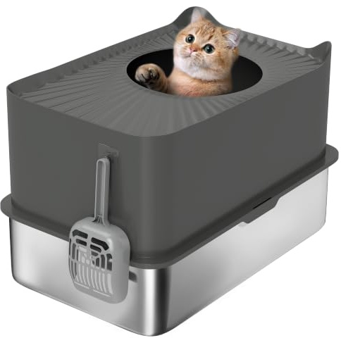 PawHut Stainless Steel Litter Box Extra Large Cat Litter Tray Dark Grey | Enclosed Design, Scoop Included, Top Entrance, Non-slip Pads, Easy to Clean, Never Absorbs Odors