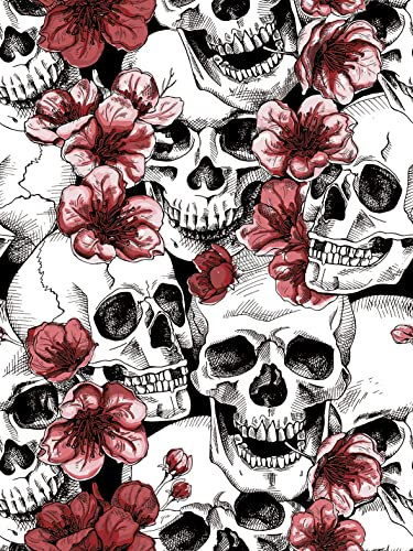 Auspicium Sugar Skull Floral Peel and Stick Wallpaper Red/Black/White Vinyl Self-Adhesive Wallpaper for Bedroom Furniture Paper Removable Wall Decorations 17.3 x 236 inches, 28.4 Square Feet/Roll