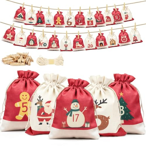 Inreeme Adventskalender zum Befüllen Stoff Weihnachtskalender 2026 | 24 Stück Adventskalender Säckchen Selber Befüllen, 18 x 13cm Weihnachtskalender Tüten Jutesäckchen für Kinder Mädchen Frauen