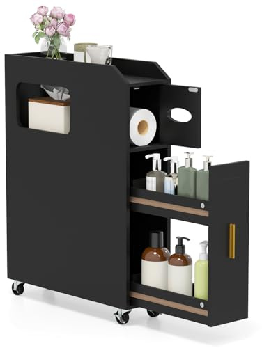 GOPLUS Badezimmerschrank schmal, Nischenschrank mit Rollen & Papier- & Bürstenhalter, Schiebeschrank mit Schublade & Tür, für Waschküche, Wohnzimmer, Badezimmer, 50 x 16 x 69 cm (Schwarz)