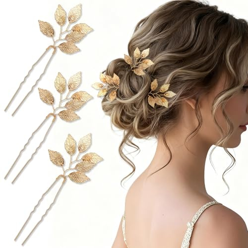 3PCS Gold Hair Pins for Women, U-Shaped Wedding Hair Accessories with Leaf Detail, Hair Clips Comb for Wedding Guest, Bride & Bridesmaids, Wedding Hair Accessories for All Hair Types (Gold Leaf)