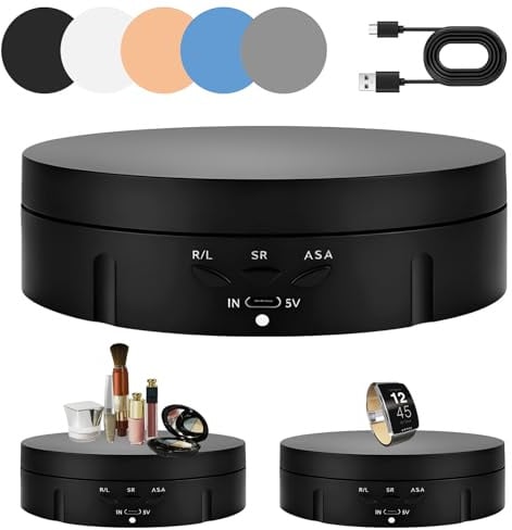 Piatto girevole elettrico, girevole a 360 gradi, 14,6 cm, con portata di 10 kg e ricaricabile tramite USB, per fotografie, gioielli, orologi, smartphone, prodotti digitali (nero)