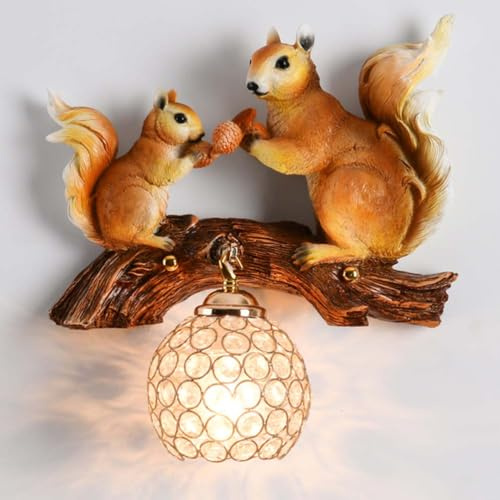 OOWDMPE Vintage Wandleuchte Eichhörnchen Design Retro E27 Wandlampe Innen Kristall Lampenschirm+Kunstharz Tiere Wandbeleuchtung Dekorative Wandlicht für Wohnzimmer Schlafzimmer Kinderzimmer Flur (A)
