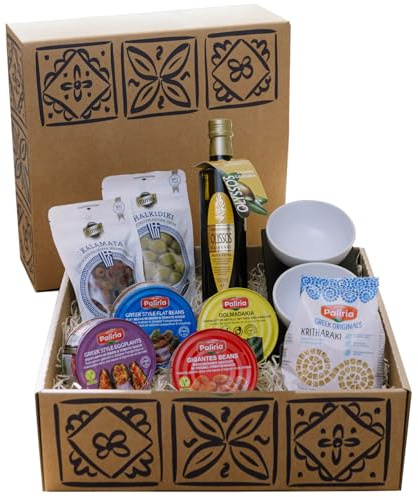Griechische Geschenkbox – Authentische Delikatessen aus Griechenland | Feinkost Set mit Olivenöl, Kalamata & Chalkidiki Oliven, Paliria Spezialitäten & 2 Keramikschälchen