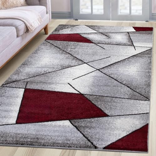 oKu-Tex Teppich Wohnzimmerteppich [140x200 cm] weicher Kurzflor grau rot - Roter Teppich für das Wohnzimmer - Carpet Living Room - Modernes geometrisches Design - Deutsche Marke