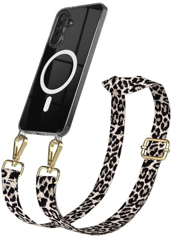 EAZY CASE Handykette - Verstellbares Taschenband kompatibel mit Galaxy A37, Schulterriemen, Handykordel mit Silikon Hülle, Qi Charging kompatibel, Umhängetasche, Leo - Schwarz Beige Gold