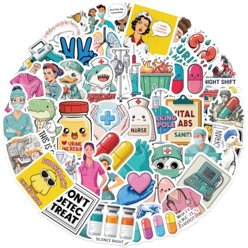 RGBEE Cartoon Medizin Pflege Aufkleber 50 Stücke, Lustige Krankenhaus Spruch Arzt Krankenschwester Wasserfest Sticker für Laptop, Kindle, Planer, Scrapbooking, Journal, Skateboard