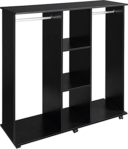 HOMCOM Double Open Wardrobe on Wheels, Bedroom Wardrobe with Clothes Hanging Rails, 3 Storage Shelves, Mobile Garment Rack for Cloakroom, Hallway, Black