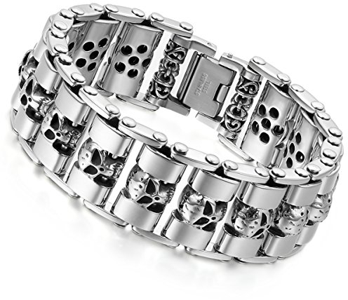 Flongo Herren-Armband Männer Armband, Große Schwer Breit Edelstahl Armband Link Handgelenk Silber Schwarz Gold Totenkopf Schädel Motorradfahrer Biker Herren-Accessoires