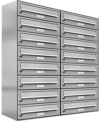 AL Briefkastensysteme 16er Briefkastenanlage Edelstahl, Premium Briefkasten DIN A4, 16 Fach Postkasten modern Aufputz
