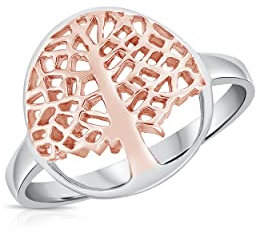 DTPsilver® Bague en Argent Fin 925 Plaqué Or Rose - Arbre de Vie
