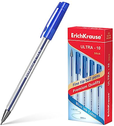 ErichKrause Kugelschreiber ULTRA-10 Kunststoff Metallspitze 0.7 Tinte blau 12er Pack Bürobedarf Schreibstift Ultra Glide Kullis 12 x nachfüllbar transparent Barrel blau Kugelschreiber Fusion 0,7 mm