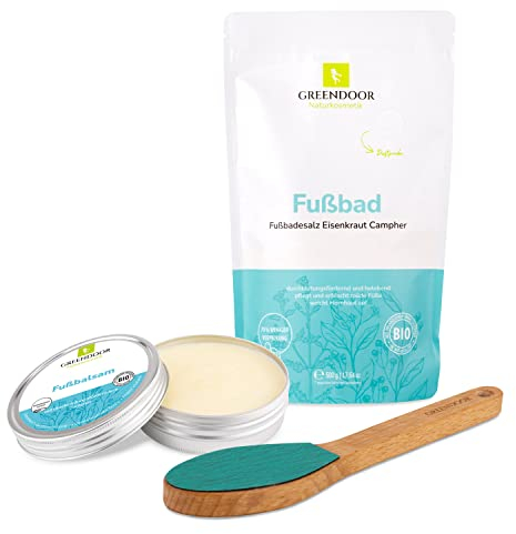 GREENDOOR Fusspflege SPARSET: Fussbalsam, Fussbad mit Bio Jojobaöl, Pediküre Feile, Fusscreme / Schrundensalbe mit BIO Kakaobutter, Naturkosmetik Fuß Balsam, Badezusatz Füsse Fußbadesalz