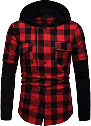 Iris Sprite Sweat à Capuche Homme Chemise Carreaux avec Poche Poitrine Épissage Manches Longues (Rouge, XL)