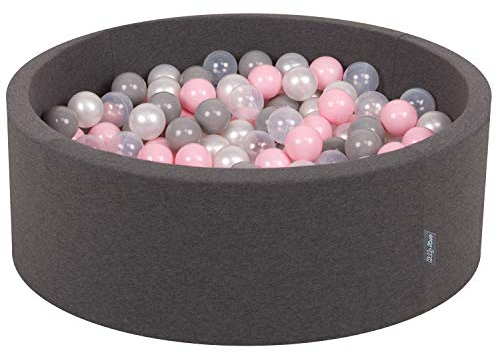 KiddyMoon OK30D-226 Bällebad 90X30cm/300 Bälle ∅ 7Cm Bällepool Mit Bunten Bällen Für Babys Kinder Rund, Dunkelgrau:Perle/Grau/Transparent/Rosa