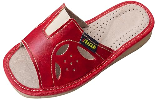 APREGGIO - Pantofole Estive da Donna in Pelle Liscia - Ciabatte Leggere con Zeppa - Pantofole aperte - Prodotto 100% Naturale - Ideali per Casa - Rosso - Taglia 36 EU