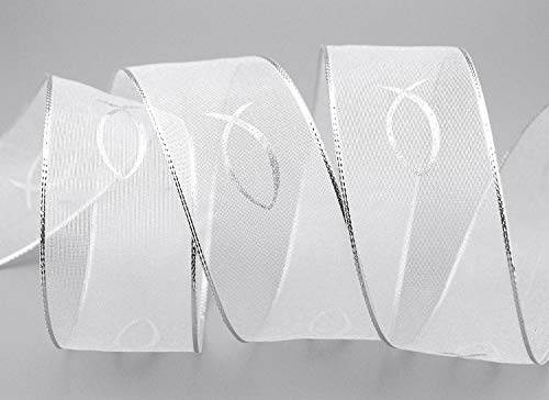 20 m x 40 mm Deko Band FISCHE KOMMUNION Konfirmation CHIFFON WEISS SILBER Dekoband Geschenkband Schleifenband transparent Fisch Kirche Dekoration