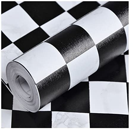 JLWM Tapete Selbstklebend Schwarz Weiss Weiß Kariert Gitter Karo Tartan Plaid PVC Wasserfest Wasserdicht Öl-Beweis Feuchtigkeitsbeständig Küche Badezimmer Toilette-0.45x10m