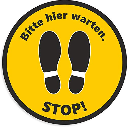 Fußbodenaufkleber | Stop! Bitte Hier warten Aufkleber | Rund - 30 cm | Rutschhemmend und Trittsicher | wasserfester Bodenaufkleber | Warnhinweis Corona Sicherheitsabstand (Gelb/Schwarz)