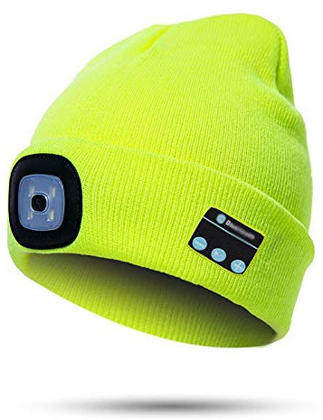 Etsfmoa Unisex Bluetooth Beanie Hat Light,4 LED USB Rechargeable Wireless Headphones Tech Caps,Gifts for Men Father Dad Husband Boyfriend Him Women Teen Boys Fluorescent Yellow