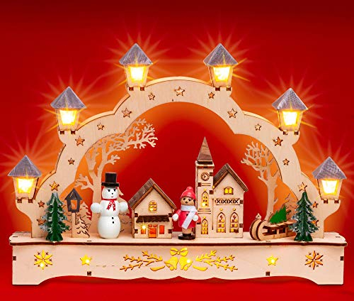 SIKORA LB62s Kleiner LED Holz Schwibbogen Dorfkirche mit Laternen L: 27 cm