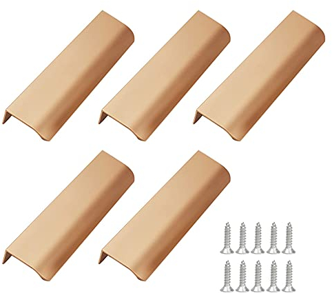 Trsnzul Tiradores Armario Ocultos 5 Piezas Estilo Moderno de Cocina y Muebles - Aluminio Dorado Rosa, Curvas, para Cajón