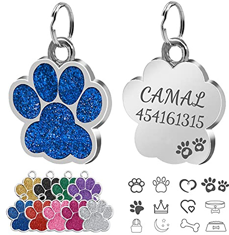CAMAL Hundemarke mit Gravur Personalisierbar, Pfotenabdruckmotiv, 25mm, für Kleine bis Mittelgroße Hunde oder Katzen (Blau)