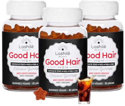 Lashilé Beauty - Good Hair Men - Anti-Chute & Renforcement Capillaire - Croissance & Densité - Complément Alimentaire Végan - Made in France - Zinc, Maca, Cheveux de Vénus - Cure 3 Mois (180 Gummies)