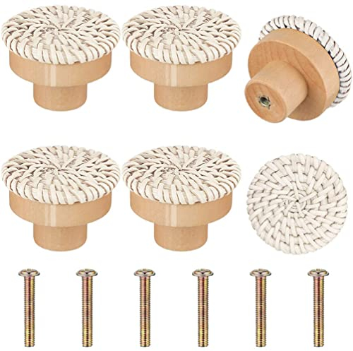 LiLiTok 6 Stück Runde Schubladenknöpfe aus Holz, Boho-Rattan-Kommode, Handgefertigte Knöpfe Schrankgriffe, Hardware-Züge, Gewebtes Korbgeflecht und Schrauben für Boho-Möbelknöpfe (Weiß)