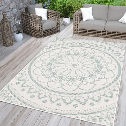 TT Home In-& Outdoorteppich Wetterfest Garten Orientalisches Marokkanisches Boho Design, Farbe: Türkis Weiß, Größe:240x340 cm