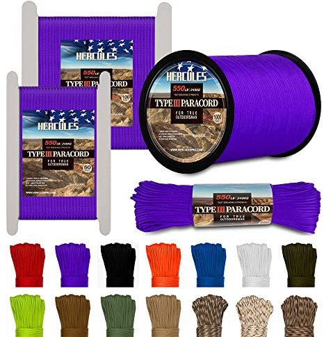HERCULES Typ III Paracord 550 Paracord Seil Fallschirmschnur, 50' Lila für Campingseil, Überlebensseil